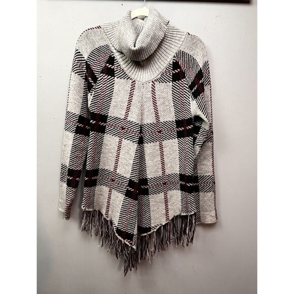 Absolutely Famous Sweater Womens Small Turtleneck Gray Plaid Fringe Pullover - Picture 1 of 8